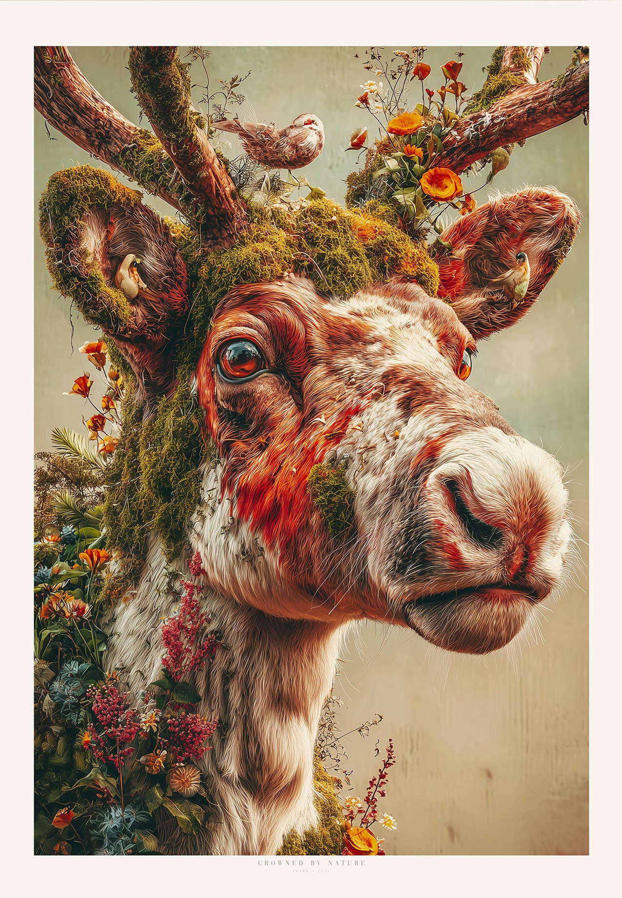 Nærbilde av reinsdyr med mose og blomster i geviret, fugler og vegetasjon rundt; nordisk samtidskunst i ISARK-stil.