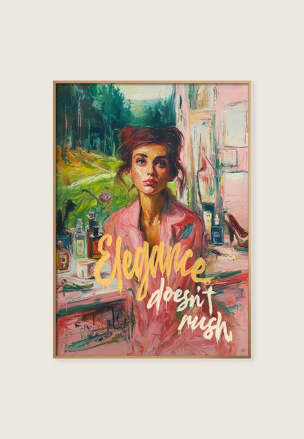 Elegance Doesn’t Rush kunsttrykk av kvinne i rosa luksus, moderne street-art oljeestetikk – ISARK