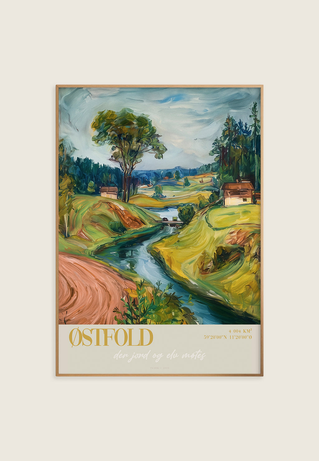 Østfold kunsttrykk av ISARK – nordisk kulturlandskap med elv og jorder, trykket på matt arkivbestandig Fine Art papir. giclee trykk
