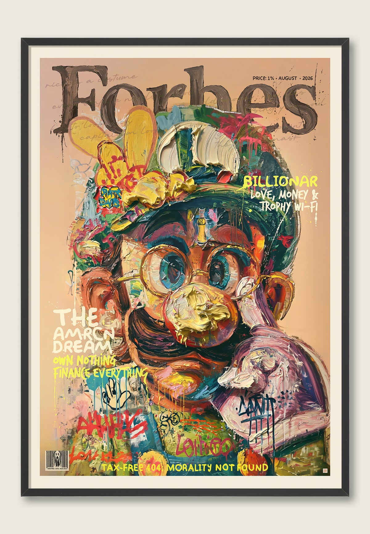 The American Dream – tegneseriefigur i grønn hatt under Forbes-overskrift, vist i ramme.