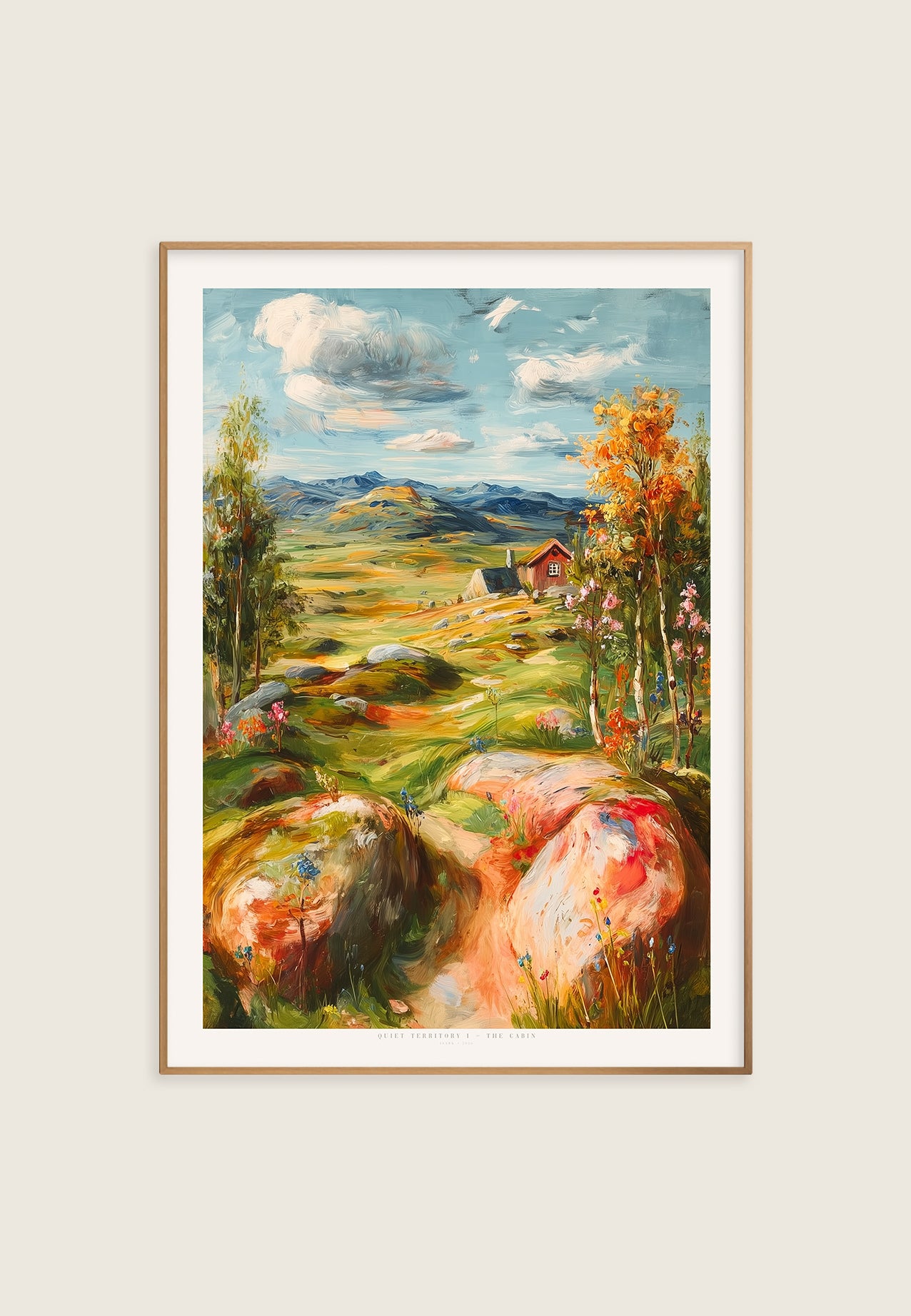 Nordic landscape painting with cabin in open valley, expressive oil brush strokes, Scandinavian countryside art print. By ISARK