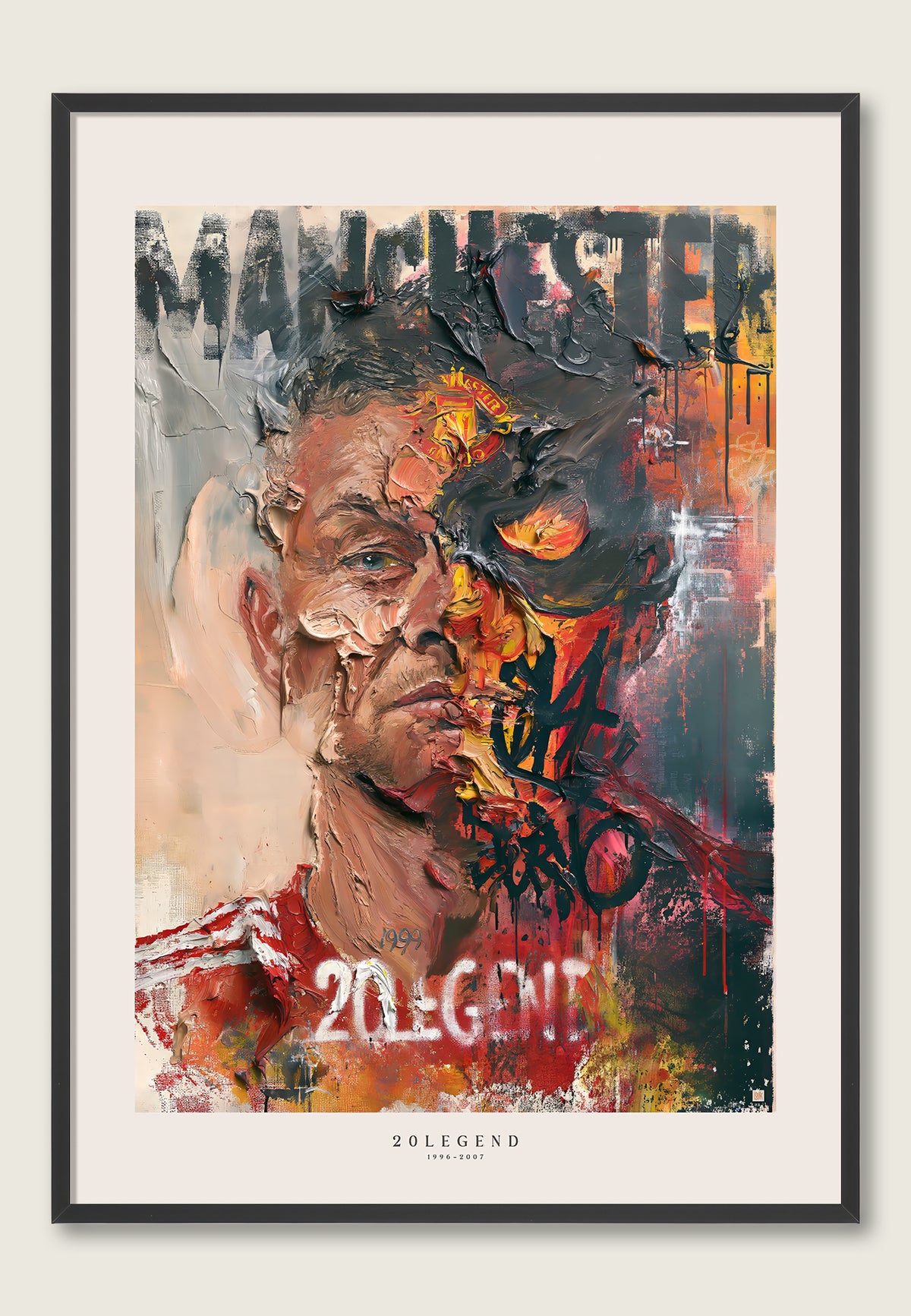 Ole Gunnar Solskjær i 20LEGEND – Manchester United-kunsttrykk med et todelt portrett, vist i svart ramme.