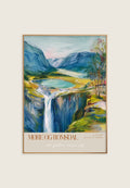 Møre og Romsdal kunsttrykk av ISARK – nordisk fjordlandskap med fossefall, trykket på matt Fine Art papir. Giclee trykk