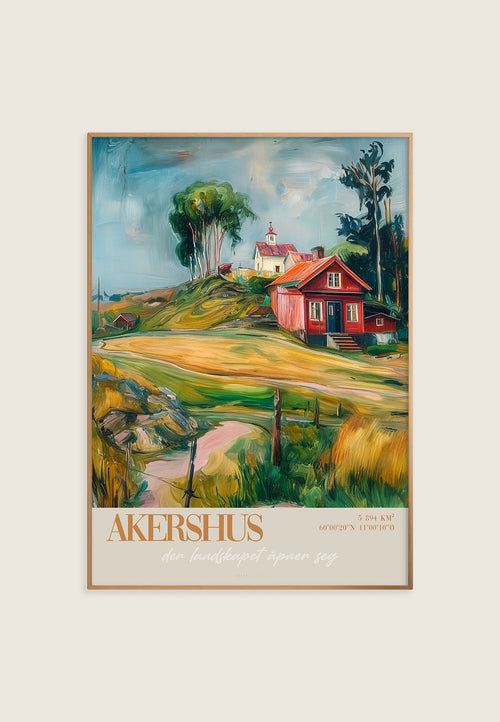 Akershus kunsttrykk av ISARK – nordisk landskap med rødt hus og åpent kulturlandskap, trykket på matt Fine Art papir. Giclee trykk