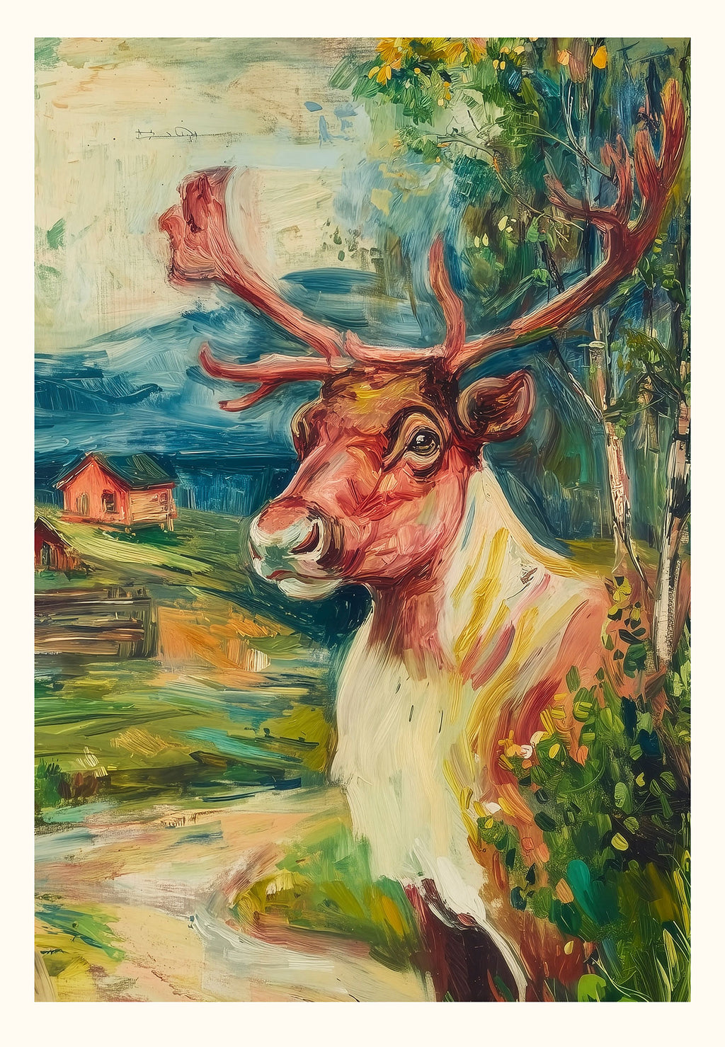 Ekspressivt maleri av rein med store gevir i nordisk landskap med fjell og rødt hus; premium kunsttrykk i ISARK-stil.