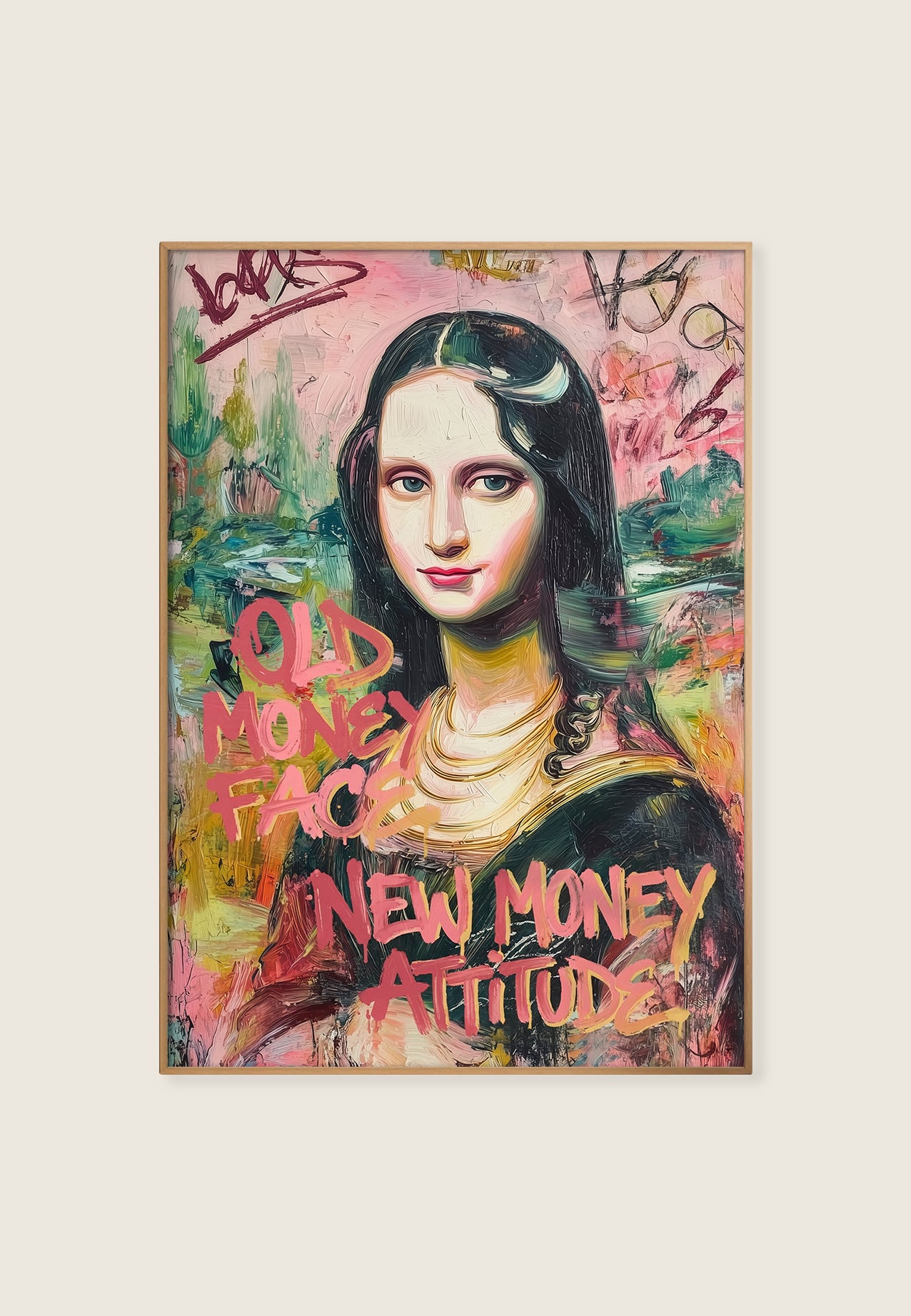 ISARK kunsttrykk “Old Money Face / New Money Attitude” – moderne portrett med street-typografi av Mona Lisa, på matt arkivbestandig Fine Art papir.