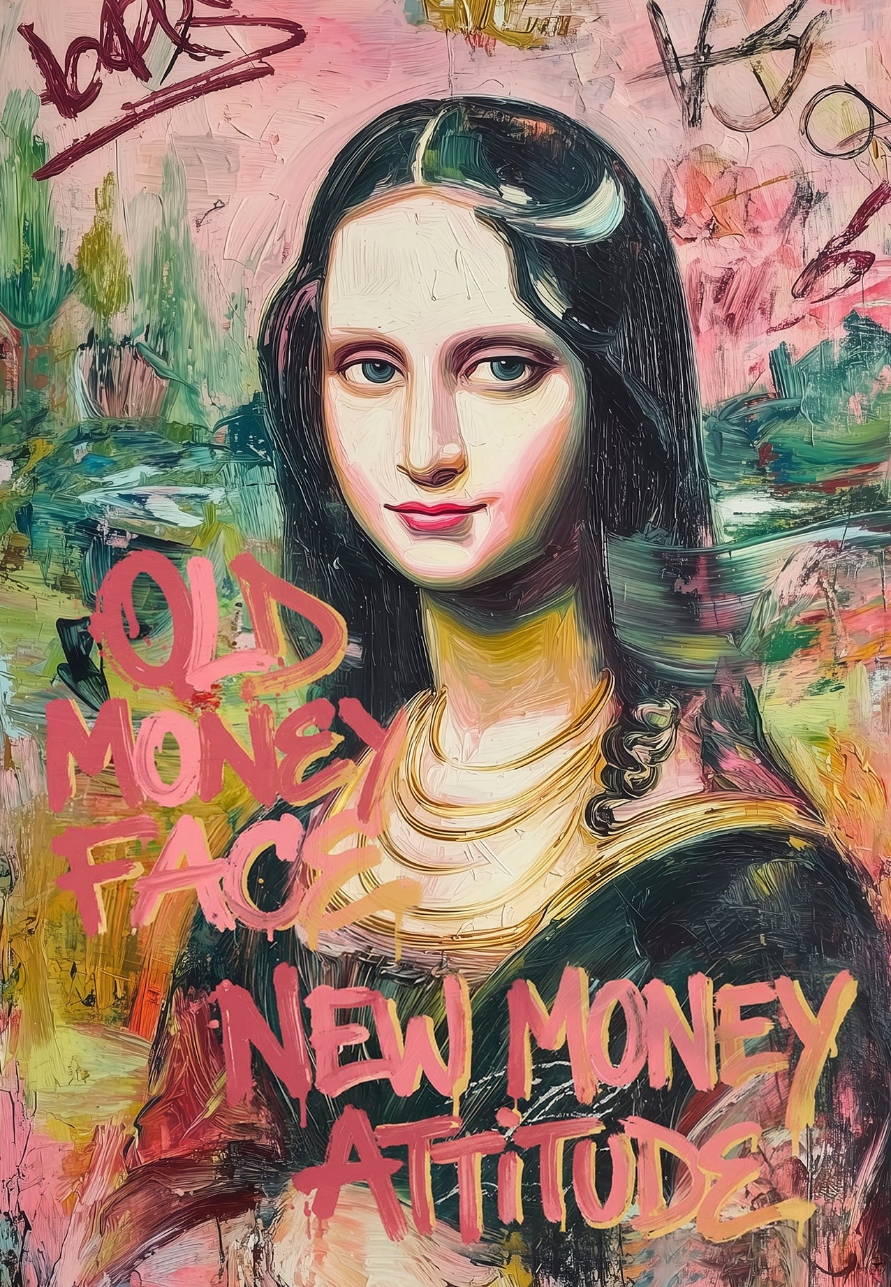 ISARK kunsttrykk “Old Money Face / New Money Attitude” – moderne portrett med street-typografi av Mona Lisa, på matt arkivbestandig Fine Art papir.