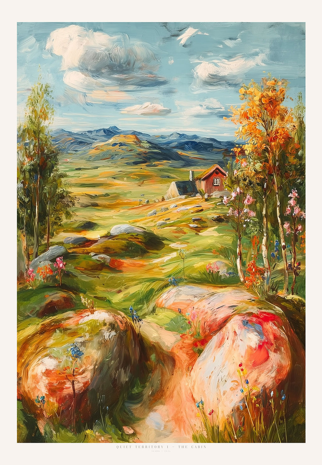 Nordic landscape painting with cabin in open valley, expressive oil brush strokes, Scandinavian countryside art print