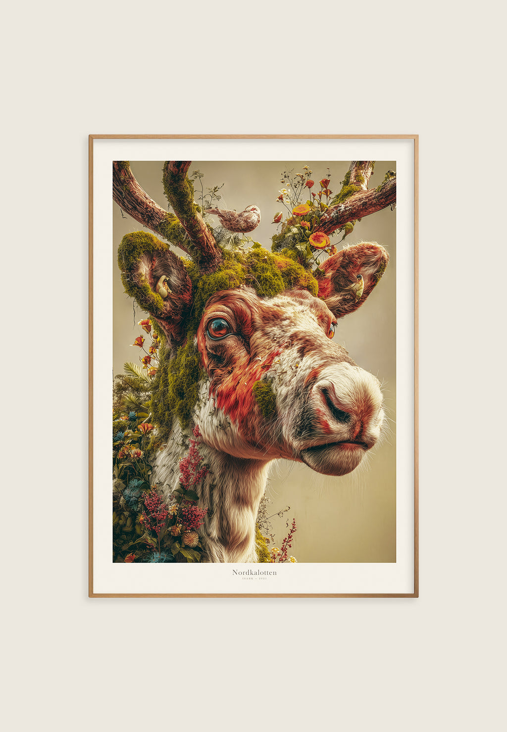 Kunsttrykk av Nordkalotten, reinsdyr med mose. fugel, nordisk natur. Skandinavia. Av ISARK