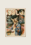 Kunstplakat med antropomorf rev i denimjakke og kaffekopp, omgitt av håndmalt tekst og ekspressiv magazine-inspirert kunst
