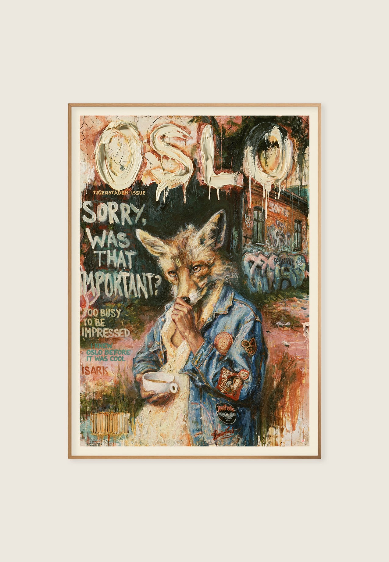 Kunstplakat med antropomorf rev i denimjakke og kaffekopp, omgitt av håndmalt tekst og ekspressiv magazine-inspirert kunst