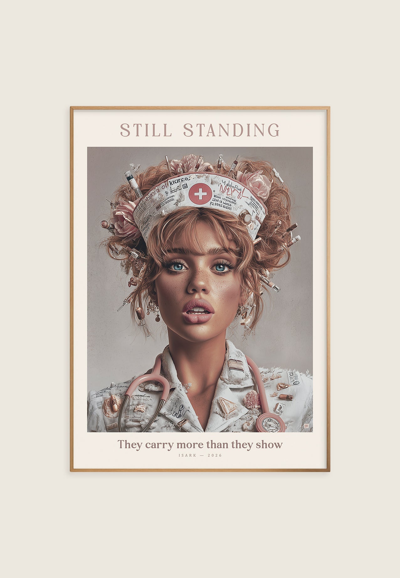 Still Standing plakat med kvinnelig portrett inspirert av omsorg, styrke og press i myke rosa og beige toner