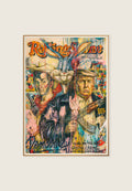 Satirisk kunstplakat i magasincover-stil med to amerikanske maktfigurer, rå street art, dryppende maling, penger, våpen og collage-detaljer.