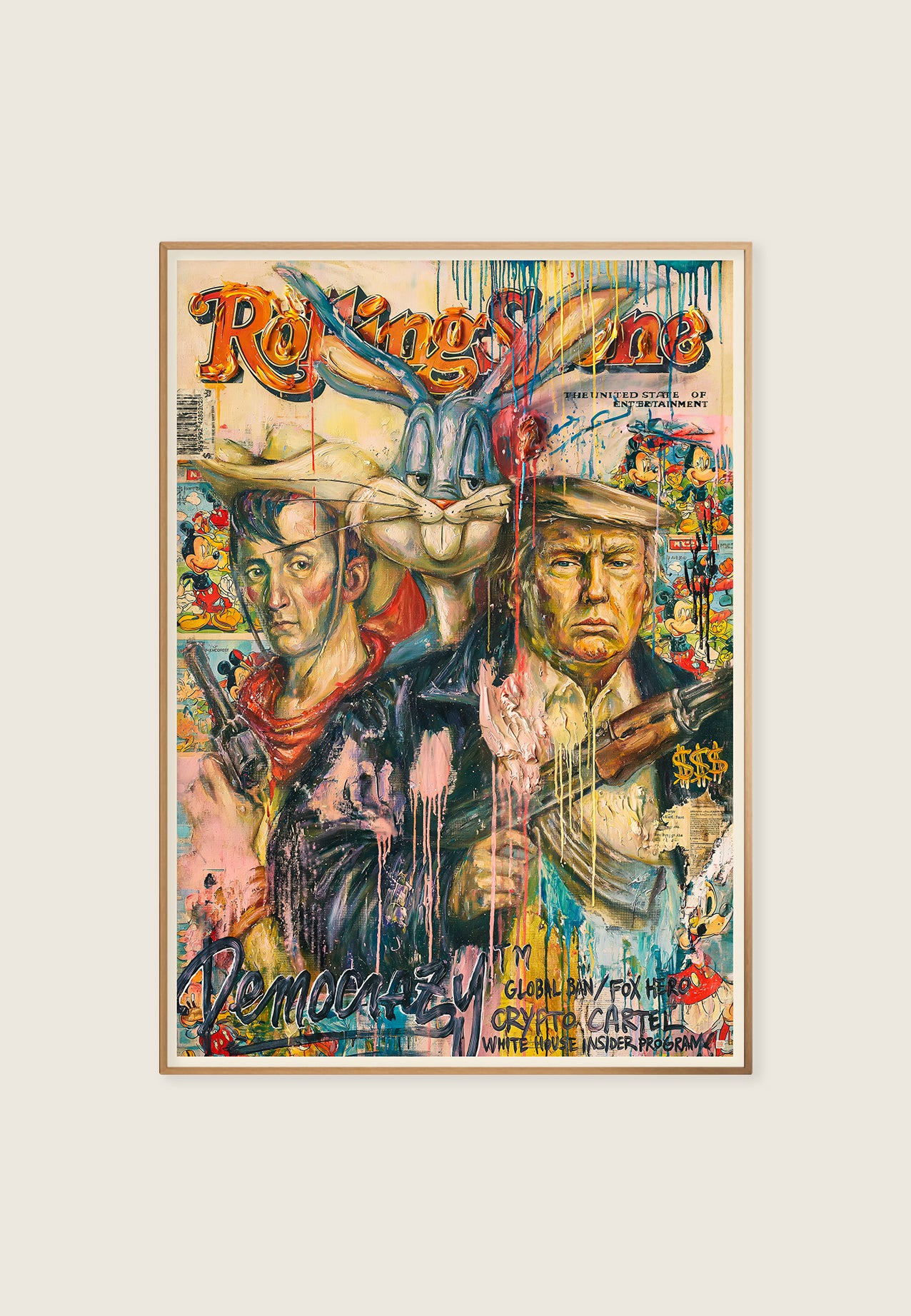 Satirisk kunstplakat i magasincover-stil med to amerikanske maktfigurer, rå street art, dryppende maling, penger, våpen og collage-detaljer.