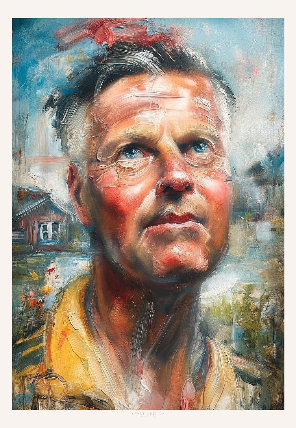 Portrett av treneren til Bodø/Glimt, stående på sidelinjen med fokusert blikk, armer foldet, omgitt av subtile hint til Bodø/Glimt og nordnorsk lys. Heroisk og inspirerende uttrykk som viser hans taktiske dyktighet og lederskap.