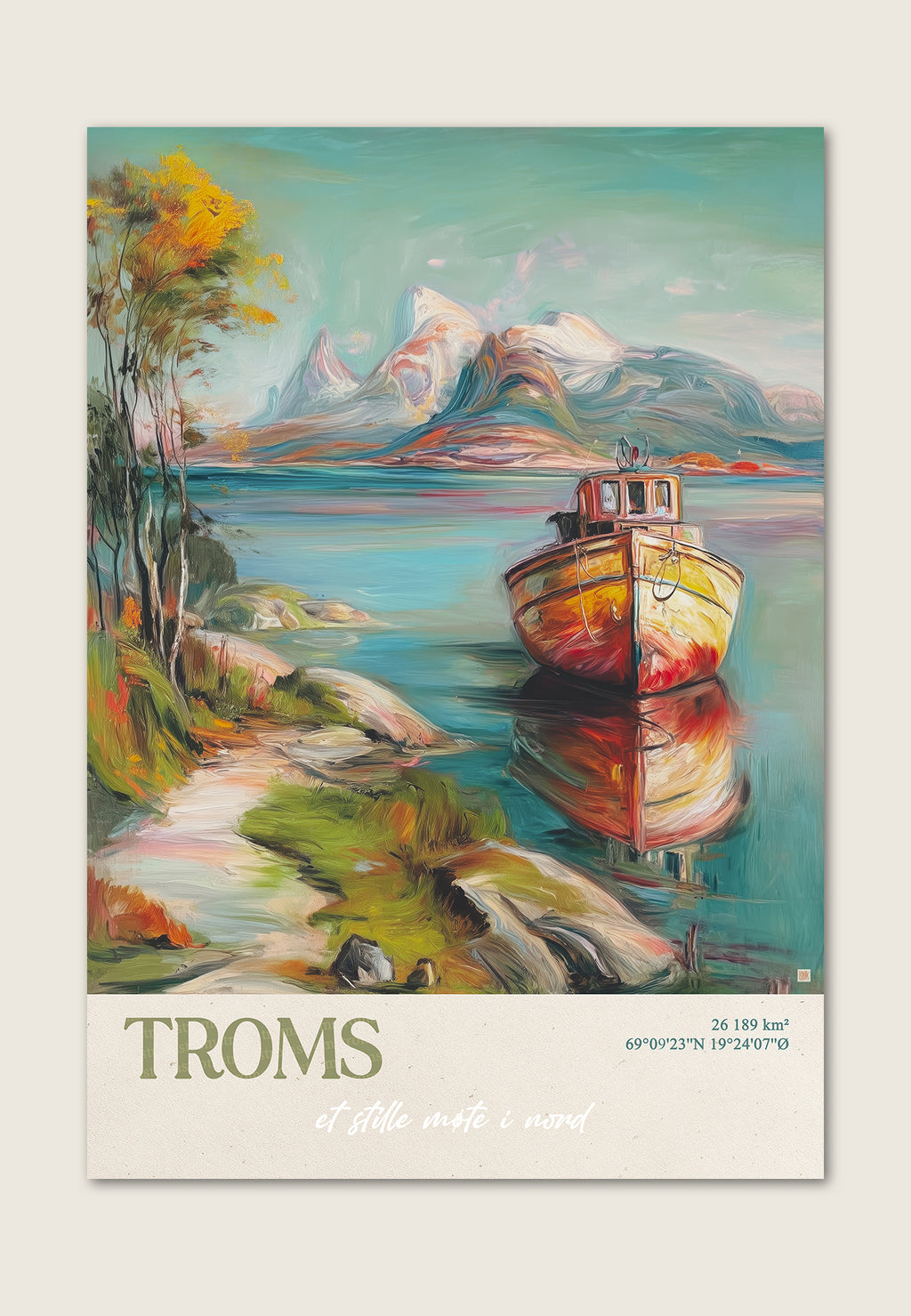 Kunstplakat av Troms med fjell, fjord og båt i fargerikt nordnorsk landskap. Fra nord-Norge. Av ISARK.