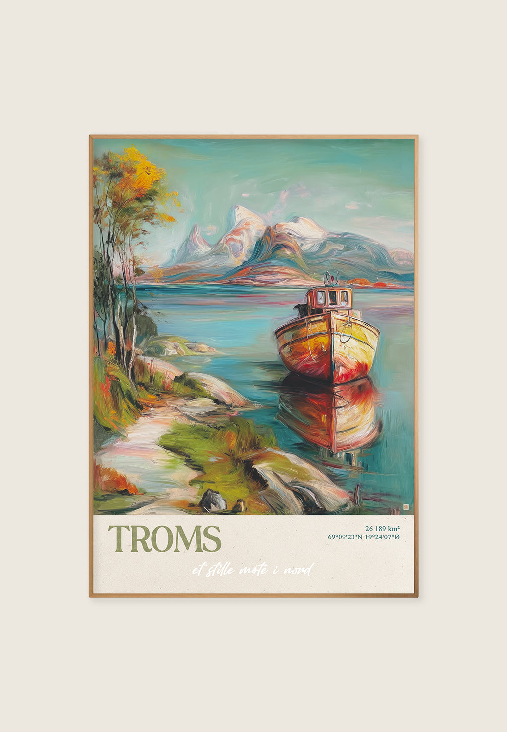 Kunstplakat av Troms med fjell, fjord og båt i fargerikt nordnorsk landskap. Fra nord-Norge. Av ISARK