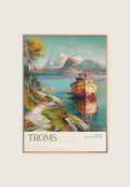 Kunstplakat av Troms med fjell, fjord og båt i fargerikt nordnorsk landskap. Fra nord-Norge. Av ISARK