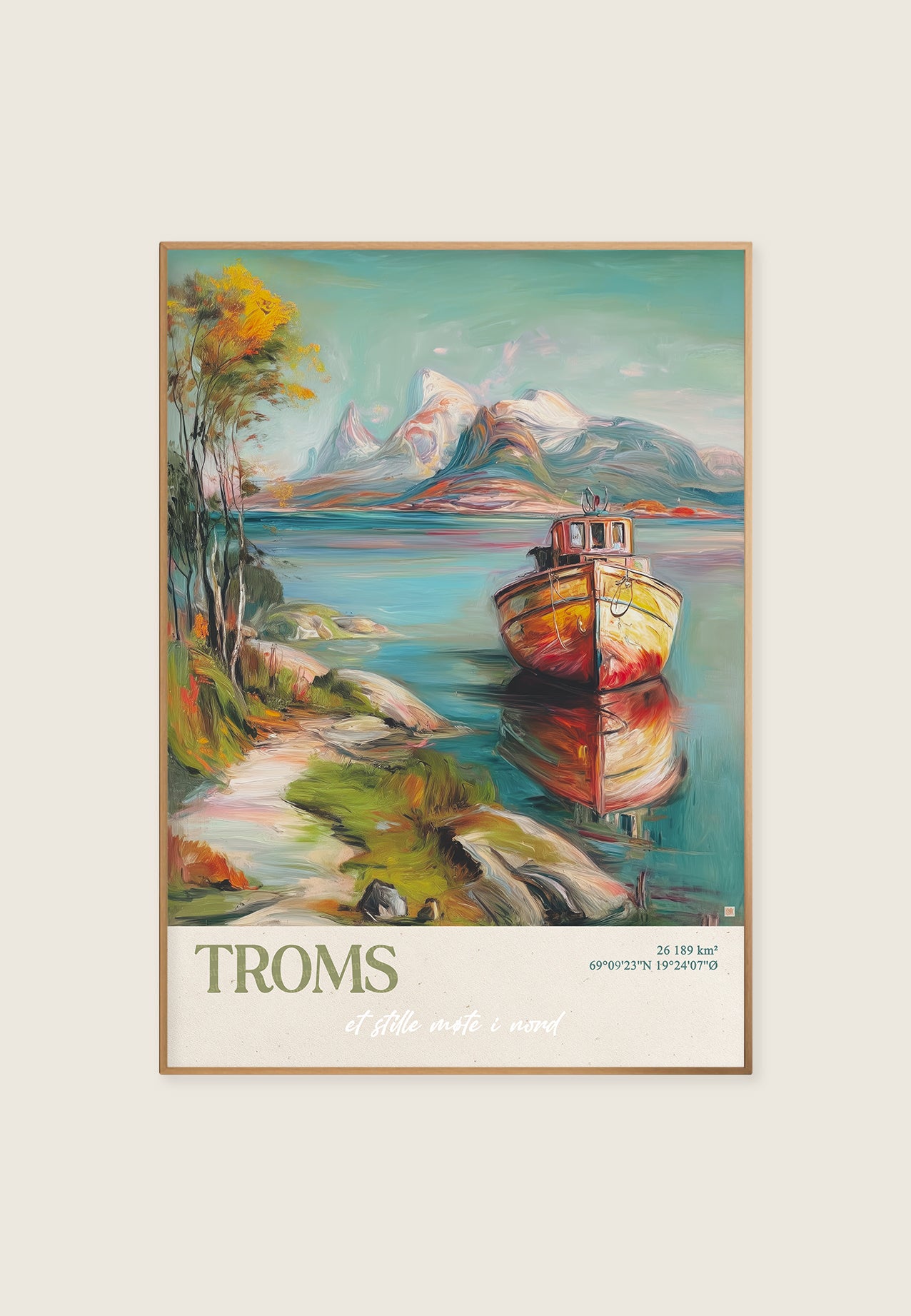 Kunstplakat av Troms med fjell, fjord og båt i fargerikt nordnorsk landskap. Fra nord-Norge. Av ISARK