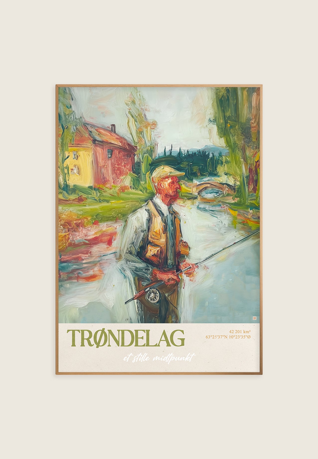 Kunstplakat av fisker ved elv i Trøndelag med nordisk landskap og klassisk malerisk uttrykk