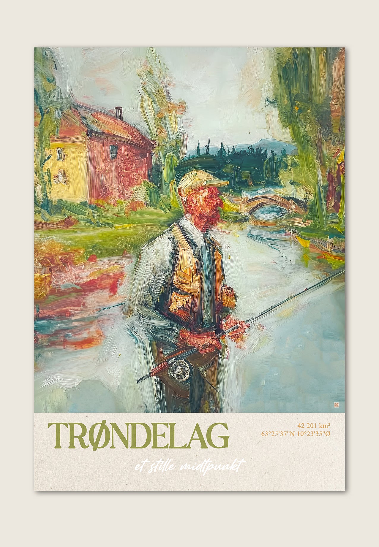 Kunstplakat av fisker ved namsenvassdraget i Trøndelag med nordisk landskap og klassisk malerisk uttrykk