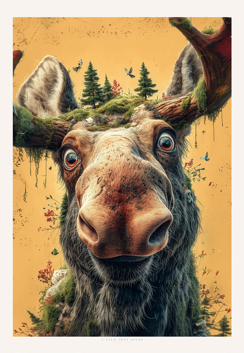 “A Calm That Holds” – surreal elgportrett med store uttrykksfulle øyne og nordisk mikro-økosystem på geviret, kunsttrykk i definert opplag fra ISARK.