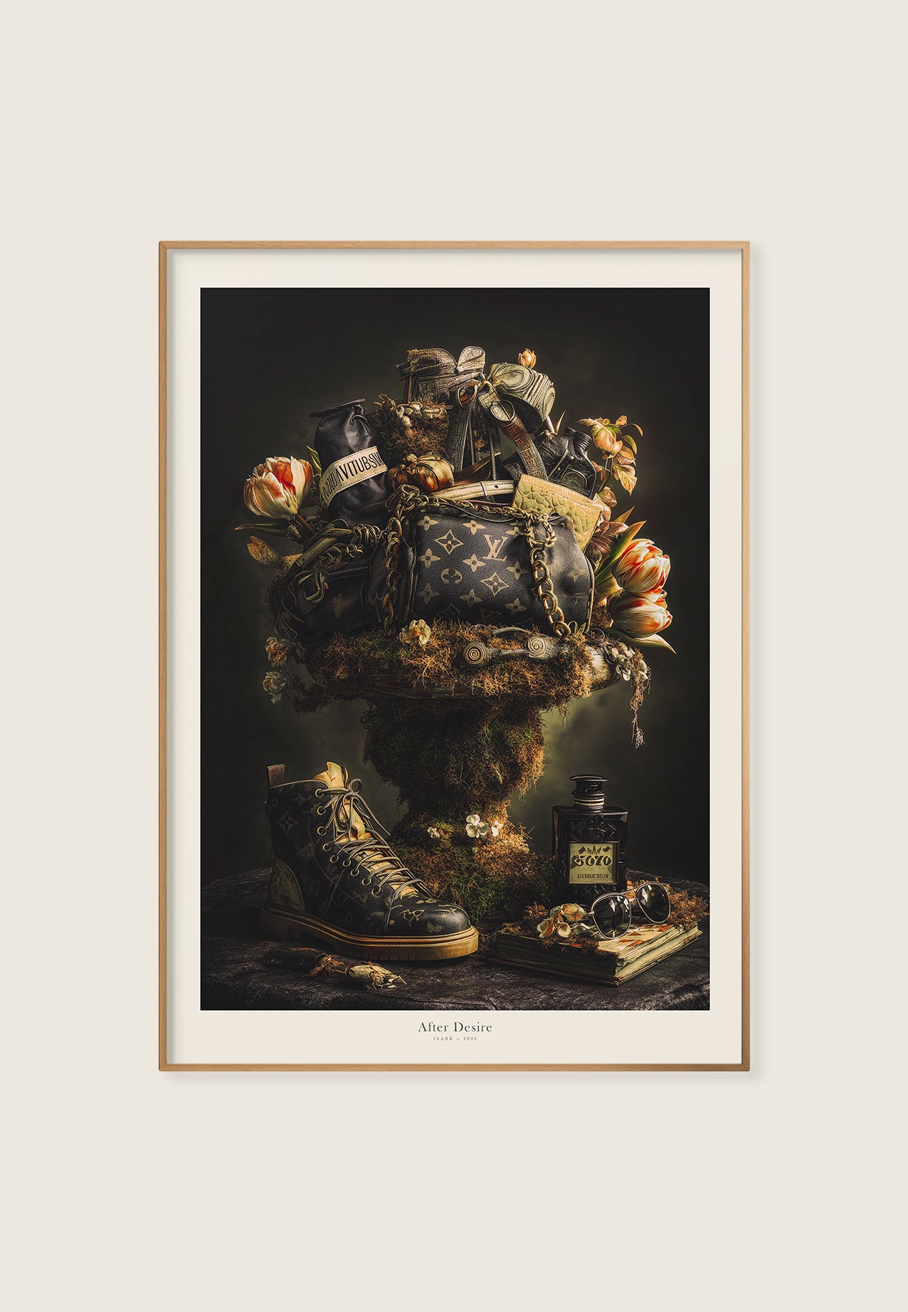 After Desire kunsttrykk med luksusobjekter, blomster og mørke detaljer i et rikt, symbolsk og stemningsfullt uttrykk.