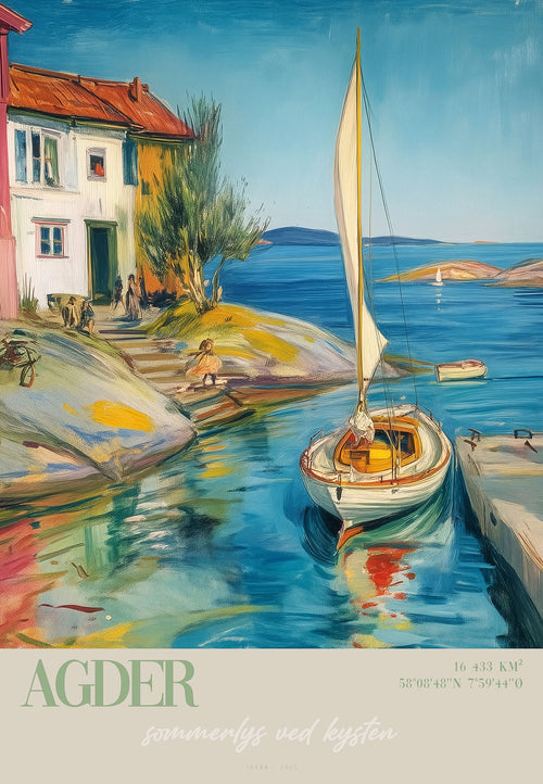 Agder kunsttrykk av ISARK – nordisk kystmotiv med seilbåt og sommerlys, trykket på matt arkivbestandig Fine Art papir.