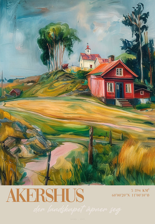 Akershus kunsttrykk av ISARK – nordisk landskap med rødt hus og åpent kulturlandskap, trykket på matt Fine Art papir.
