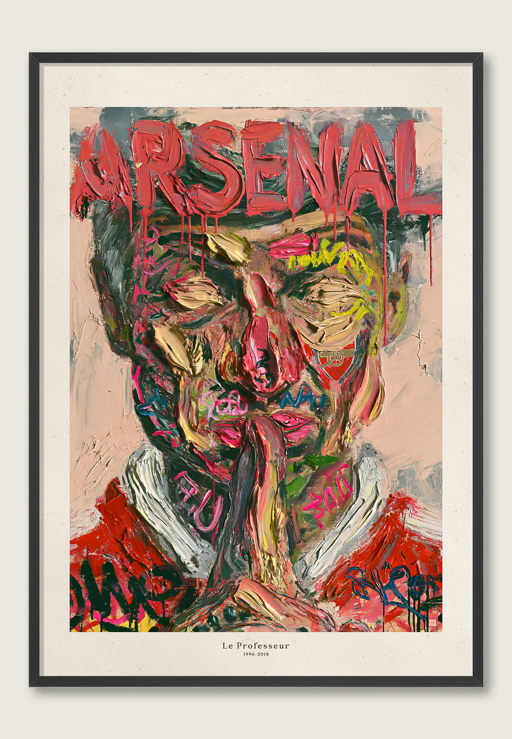 Arsenal – Le Professeur av ISARK, fargerikt kunsttrykk med Arsène Wenger og teksten 1996–2018, vist i sort ramme.