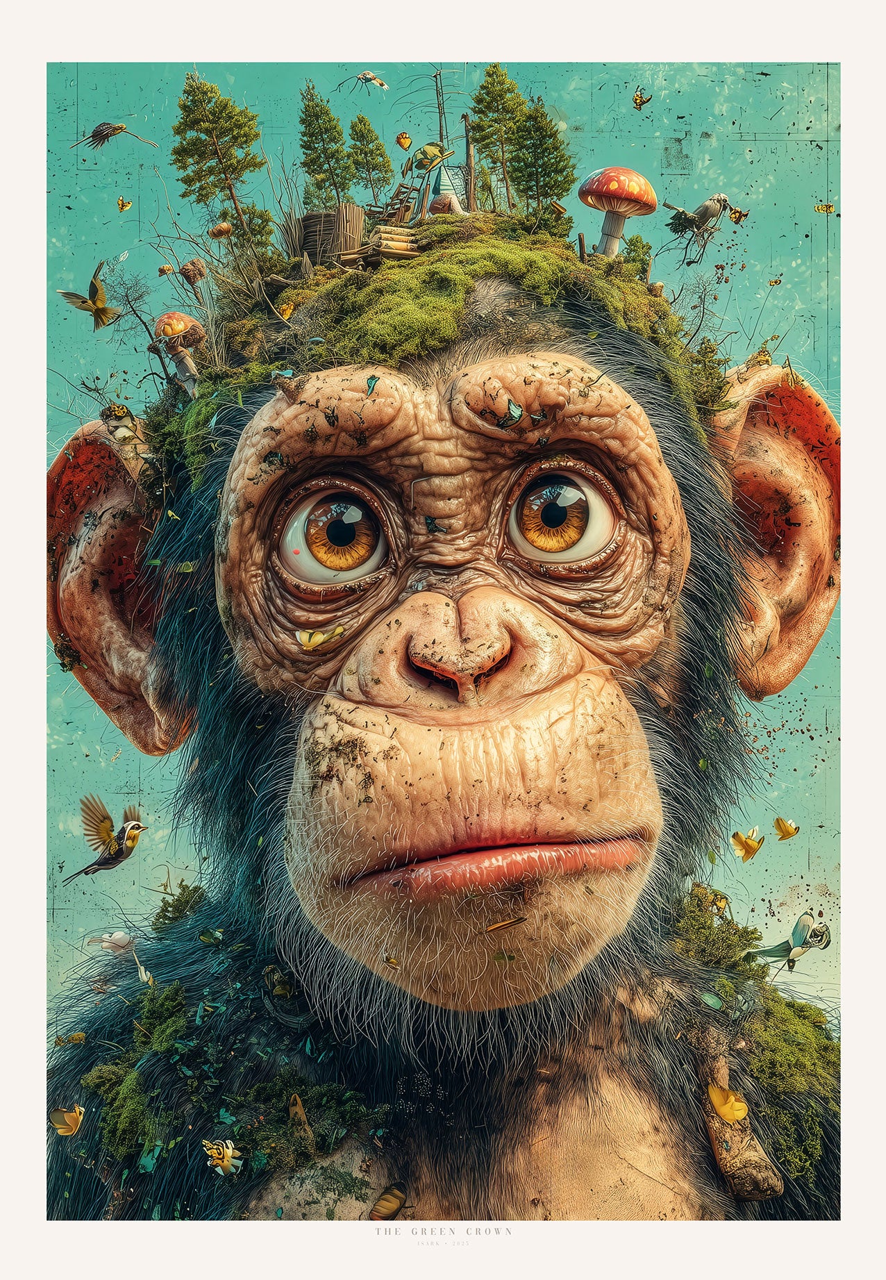 The Green Crown – surrealistisk kunsttrykk av en ape med mosekrone og små naturdetaljer, ISARK fine art print på matt papir.