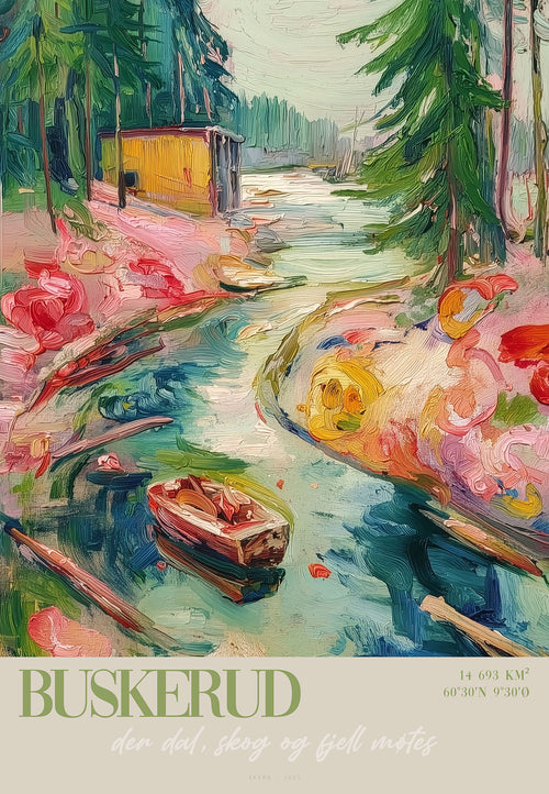 Fargerikt kunsttrykk av Buskerud med elv og klassiske båt i ekspressiv stil – 70x100 cm limited edition fra ISARK.