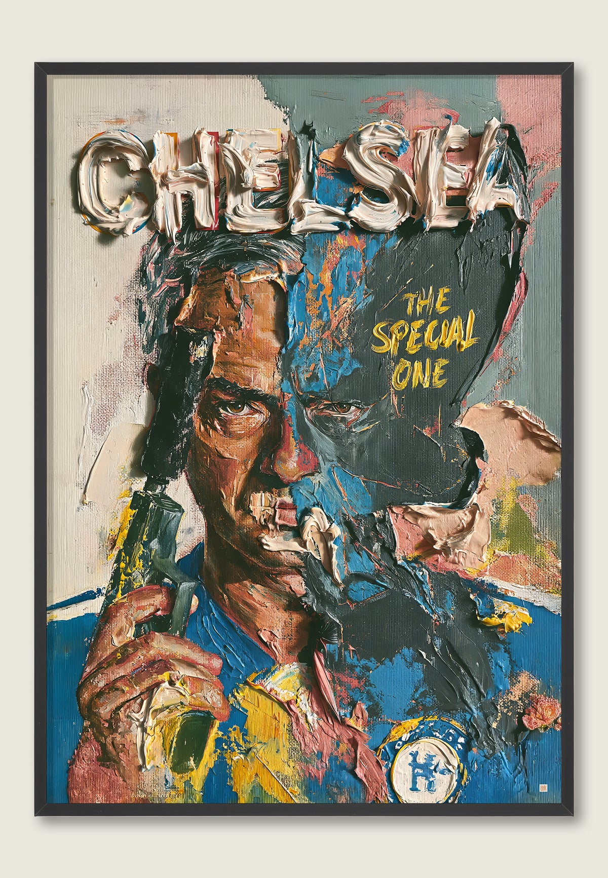 The Special One av ISARK, Chelsea-kunsttrykk med José Mourinho i blåtoner og maleriske strøk, vist i sort ramme.