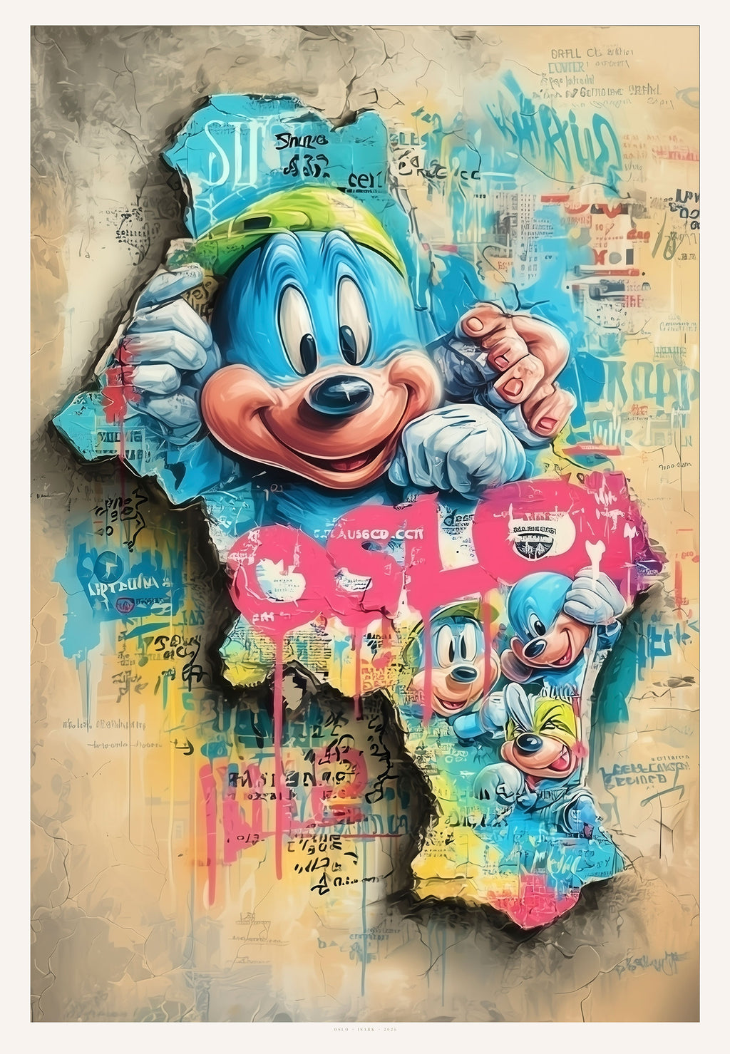 Art print poster depicting a stylized map of Oslo with cracked textures, contemporary artwork by ISARK