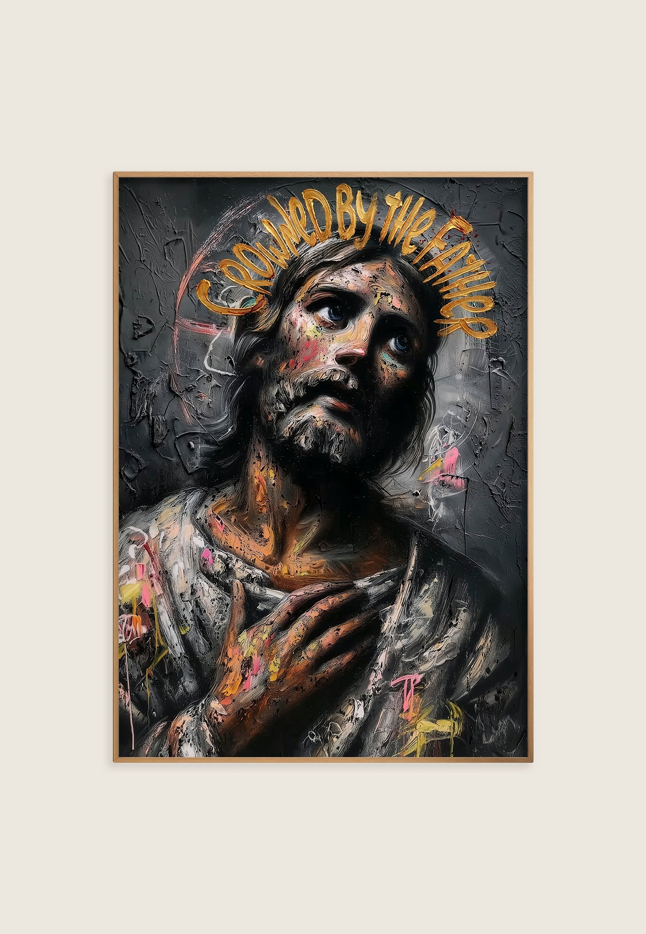 Moderne sakralt portrett av Jesus kristus med gulltekst som krone, malt i rå urban oljemaleri-stil med tekstur og dramatisk lys.
