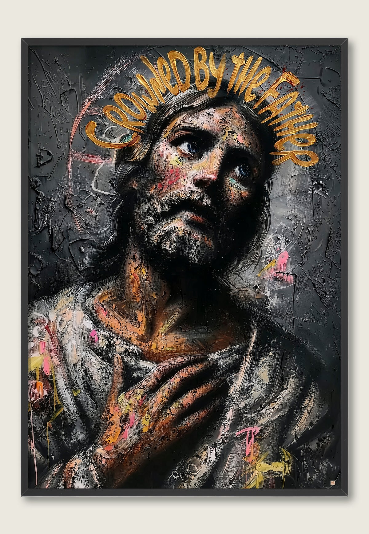 Crowned by the Father – kunsttrykk med Kristus-inspirert motiv i mørk street art-stil.