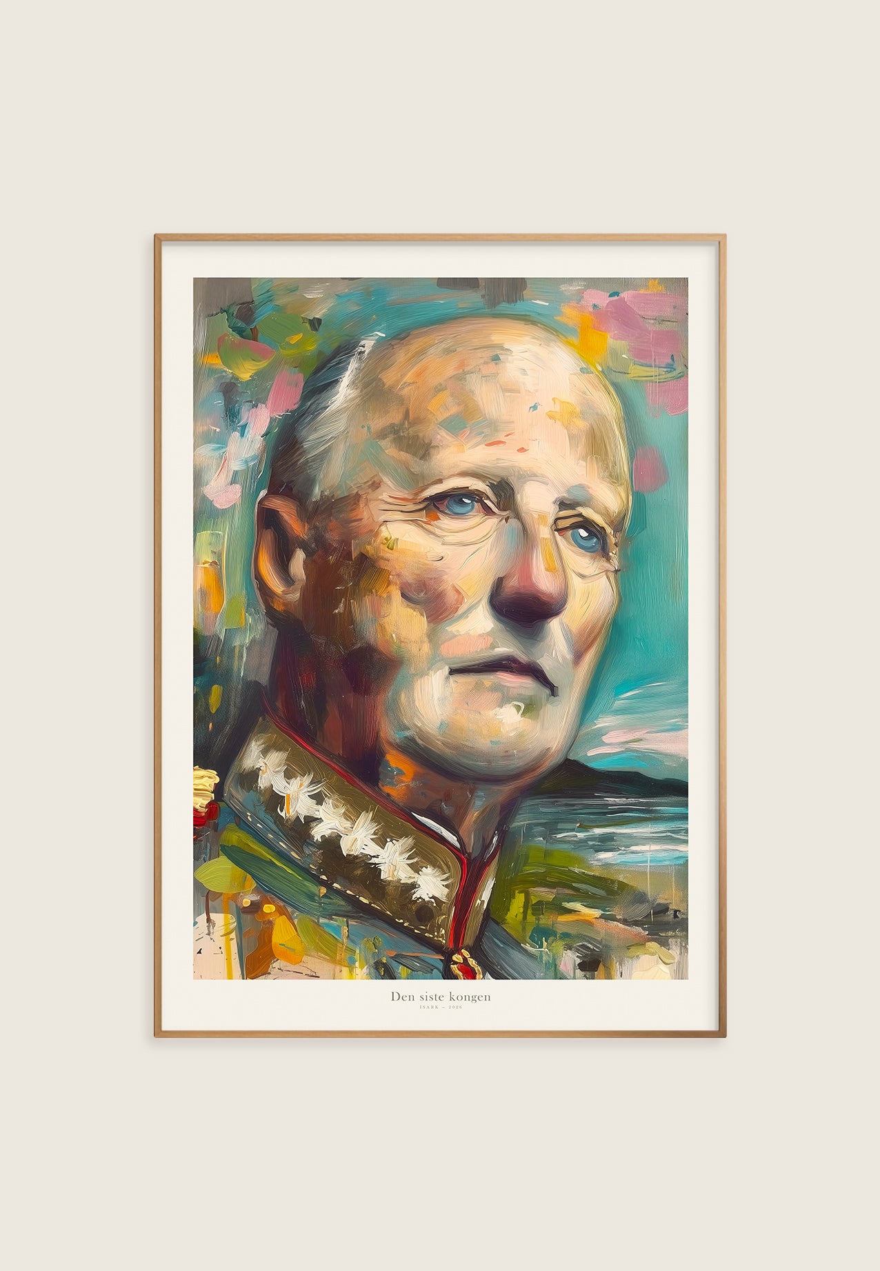 Kunsttrykk av kongelig portrett i malerisk stil med nordisk landskap og myke fargetoner.