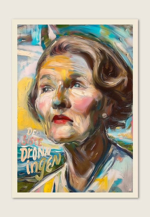 Kunstplakat av Dronning Sonja med teksten Den Siste Dronningen, malt i moderne nordisk stil med blå, gule og rosa fargetoner