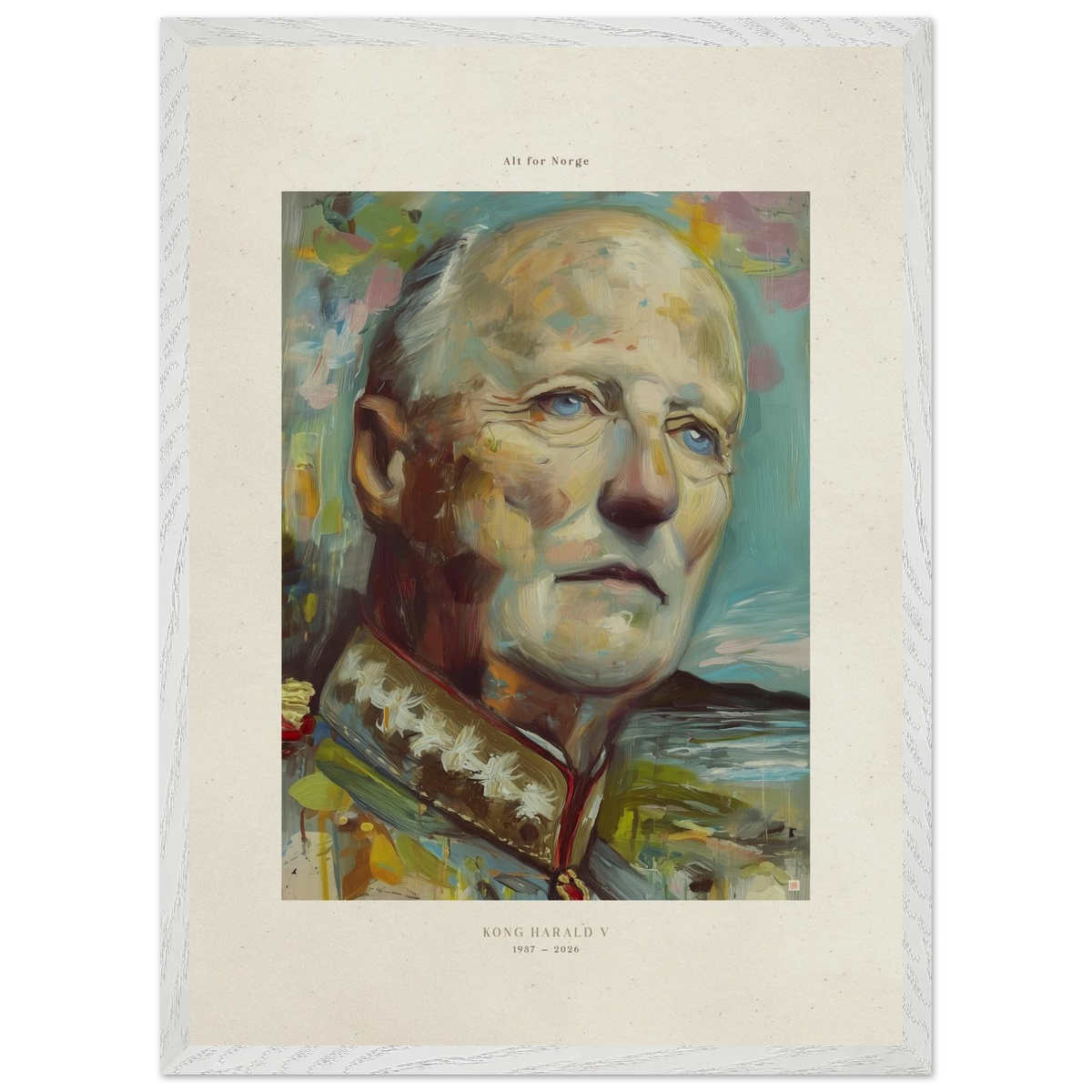 Kong Harald V – Alt for Norge, kunsttrykk av ISARK vist i hvit treramme med lys kant.