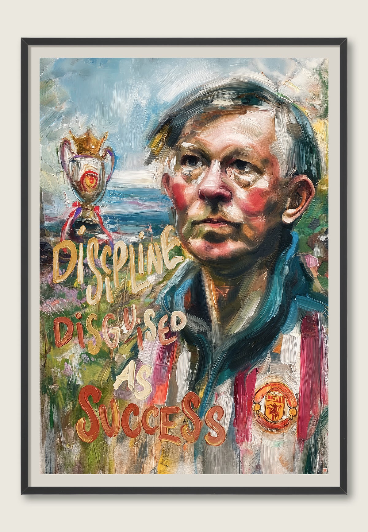 Sir Alex Ferguson i Discipline Disguised as Success – Manchester United-kunsttrykk med pokal og håndmalt tekst, i svart ramme.