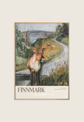 Kunstplakat av Finnmark med reinsdyr, vei og nordnorsk landskap i dempede grønne og grå naturtoner