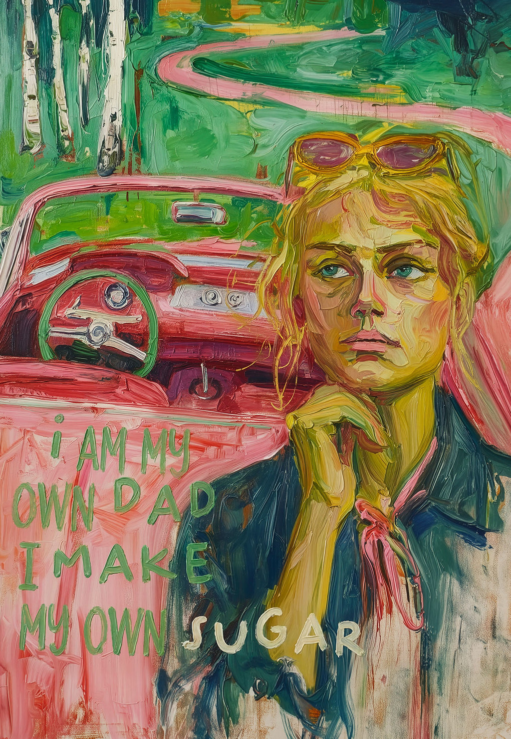 Kunsttrykk i oljemaleristil av en selvsikker kvinne foran en klassisk amerikansk bil med teksten «I Am My Own Dad, I Make My Own Sugar» – moderne feministisk kunst av ISARK.