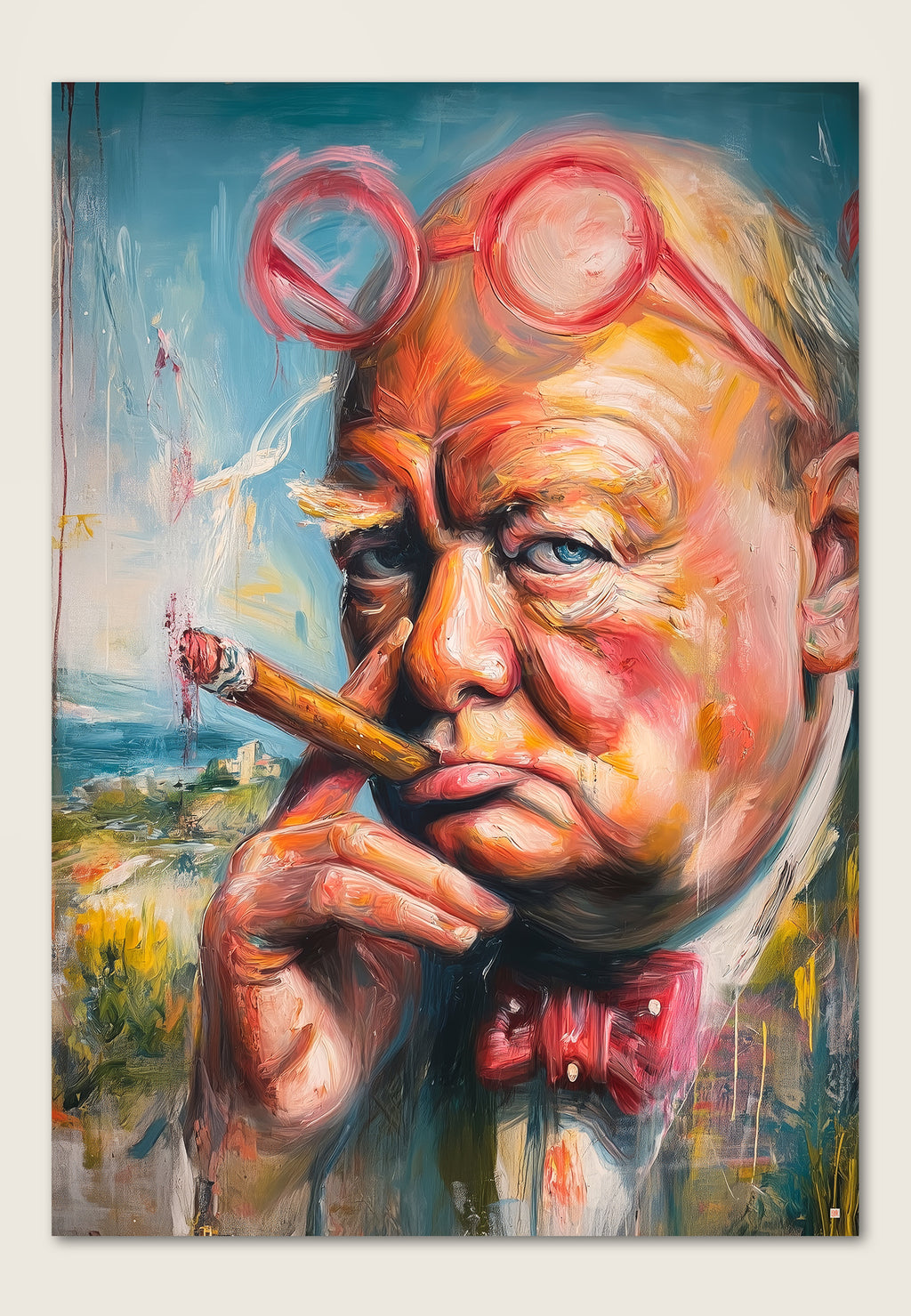 Malerisk kunstplakat av Winston Churchill med sigar og runde briller i et uttrykksfullt, fargerikt portret