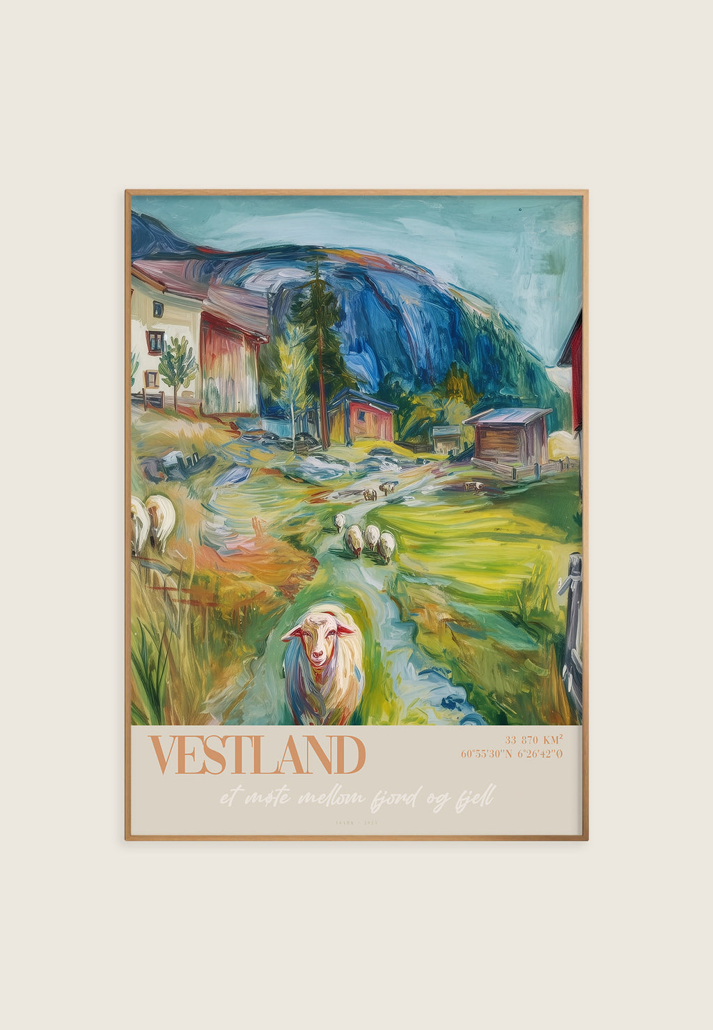 Kunsttrykk i fine art av en vestlandsgård med sauer og fjell i bakgrunnen, landskap med grønt gress og tradisjonelle hus.