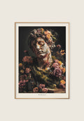 Still Blooming kunsttrykk av klassisk byste omgitt av blomster og mørke detaljer i et stemningsfullt, monumentalt uttrykk.