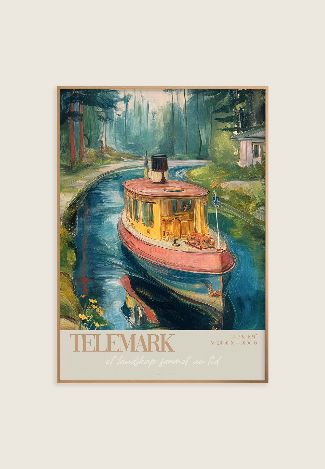 Telemark kunsttrykk av ISARK – nordisk kanalbåt i stille landskap, trykket på matt arkivbestandig Fine Art papir. giclee