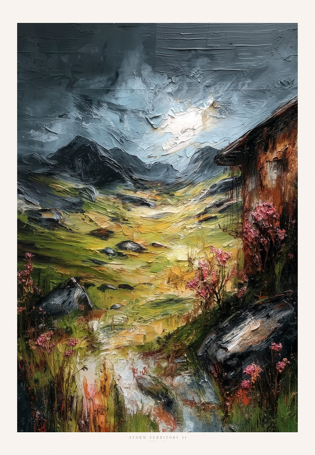 Storm Territory II kunsttrykk fra ISARK med nordisk landskap, mørk himmel og malerisk lys