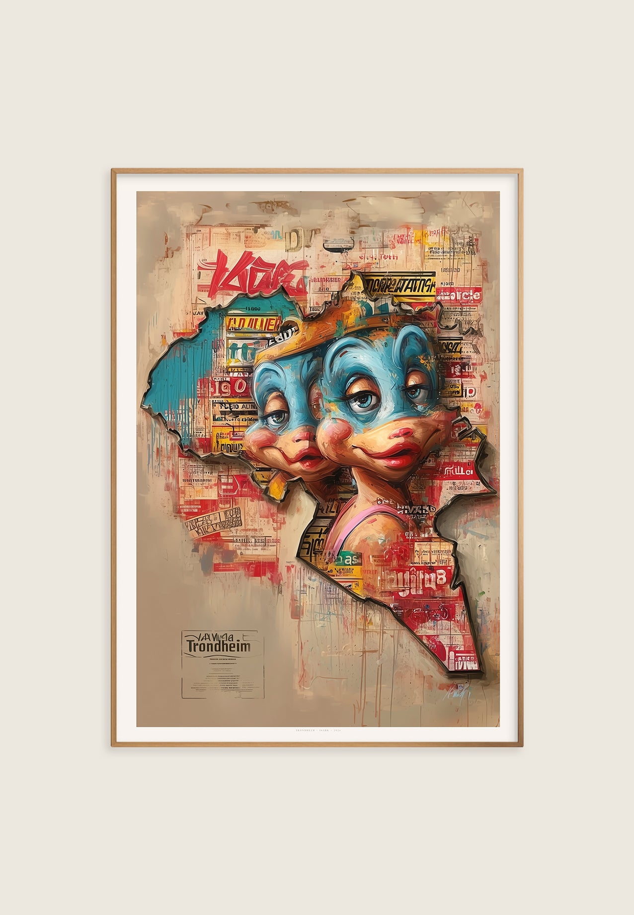 Art print poster depicting an abstract double-layered map of Trondheim, contemporary artwork by ISARK.