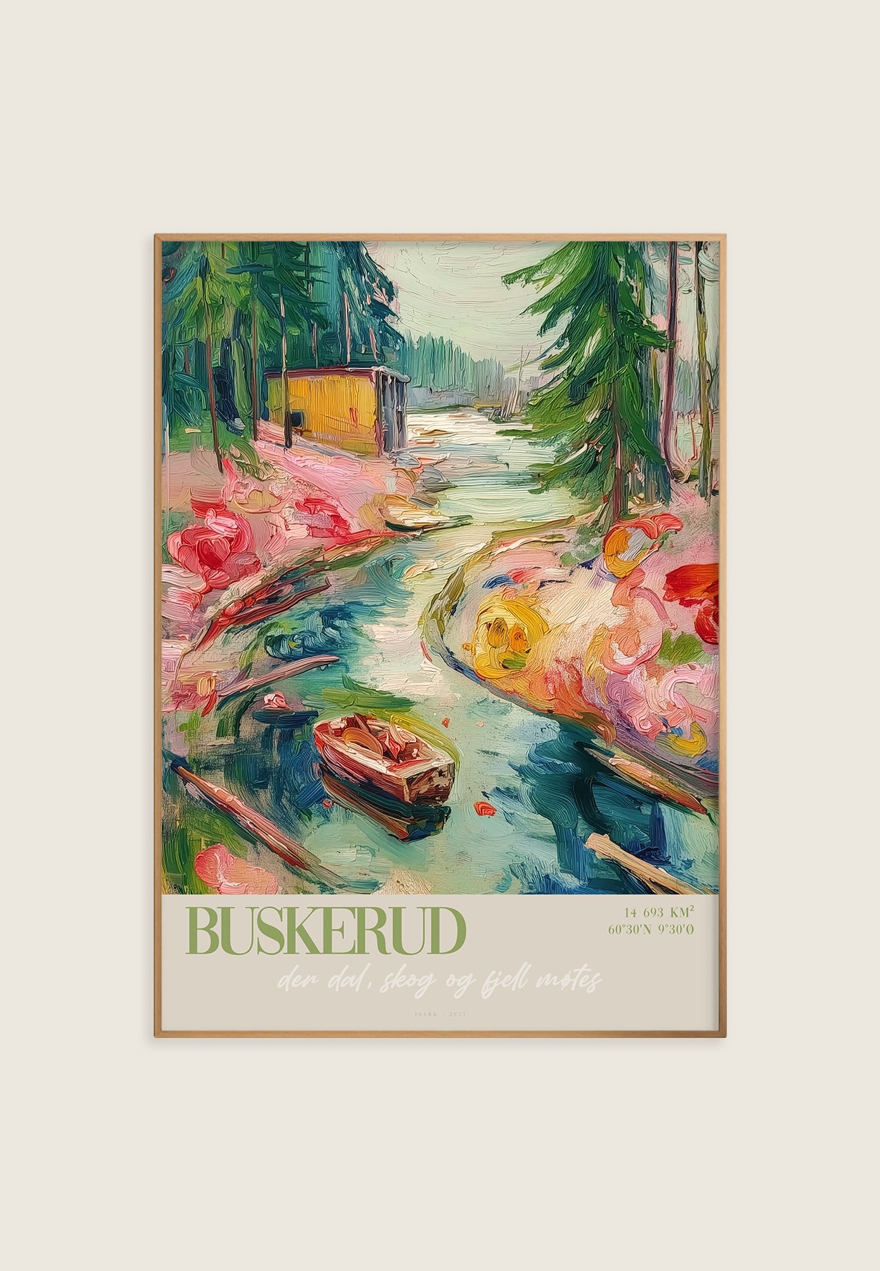 Fargerikt kunsttrykk av Buskerud med elv og klassiske båt i ekspressiv stil – 70x100 cm limited edition fra ISARK