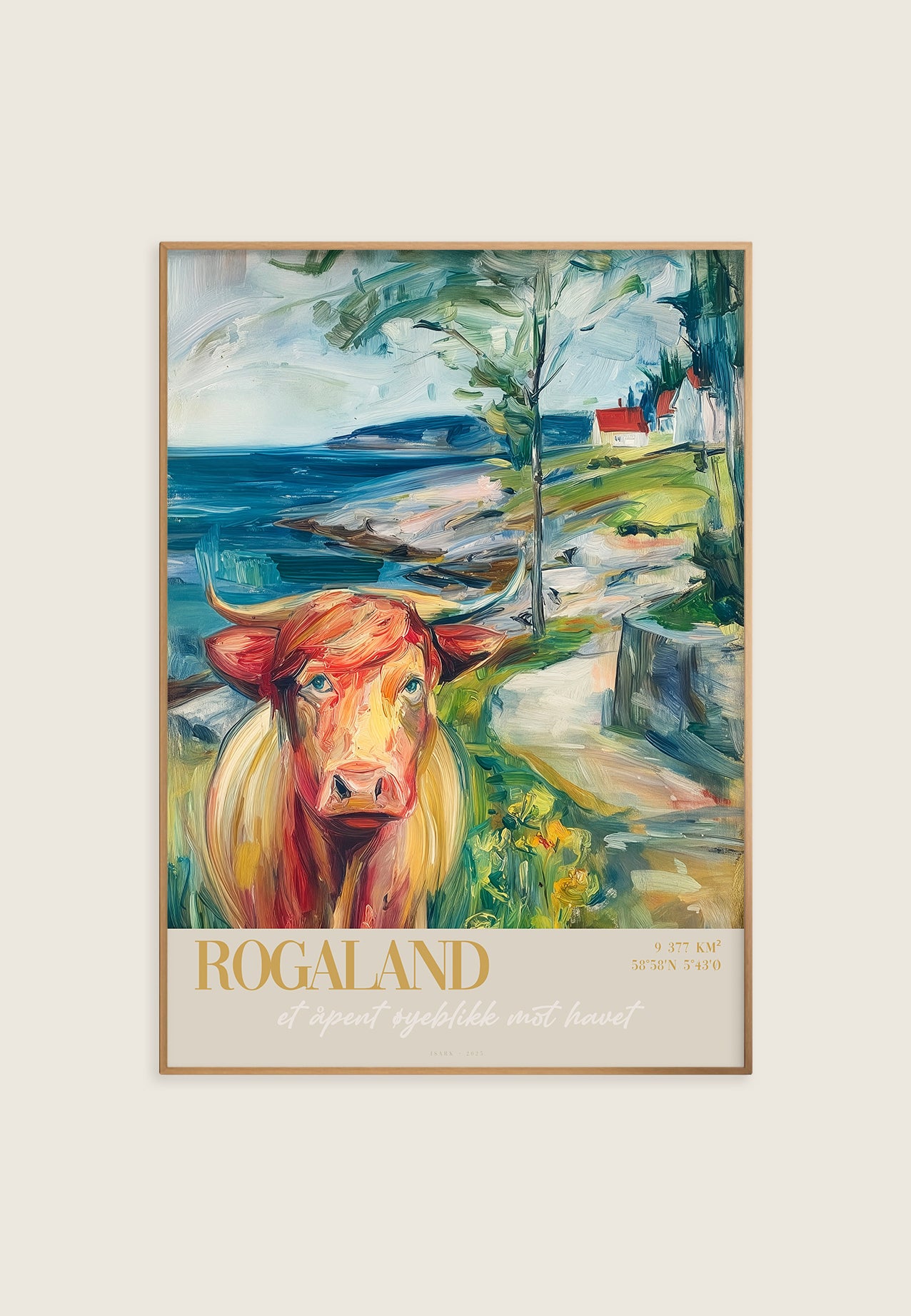 Rogaland kunsttrykk av ISARK – nordisk kystlandskap med ku i forgrunnen, trykket på matt arkivbestandig Fine Art papir. giclee